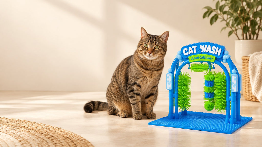 A tabby cat sitting beside the blue CAT WASH self-grooming arch on a living room floor