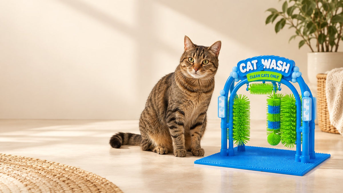 A tabby cat sitting beside the blue CAT WASH self-grooming arch on a living room floor