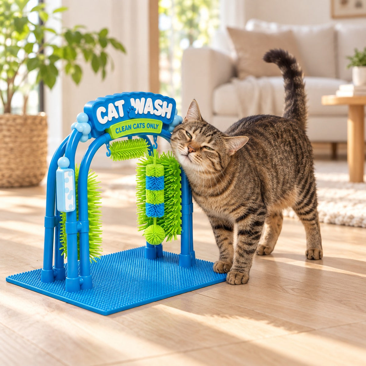 A tabby cat rubbing its cheek against the green bristles of the blue CAT WASH grooming arch in a living room