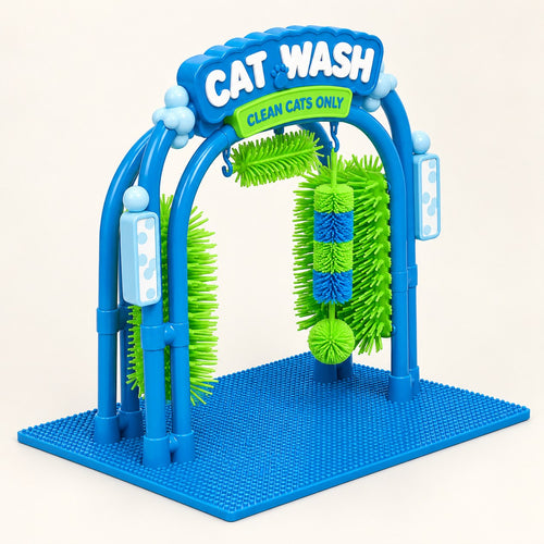The blue CAT WASH self-grooming arch with green bristle brushes standing on its textured base